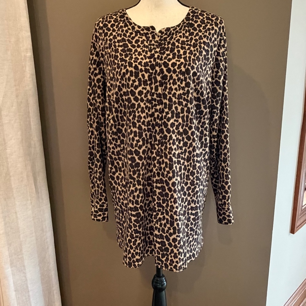 Talbots Leopard Print Tunic Partial Button Down Long Sleeve, Size X or XL